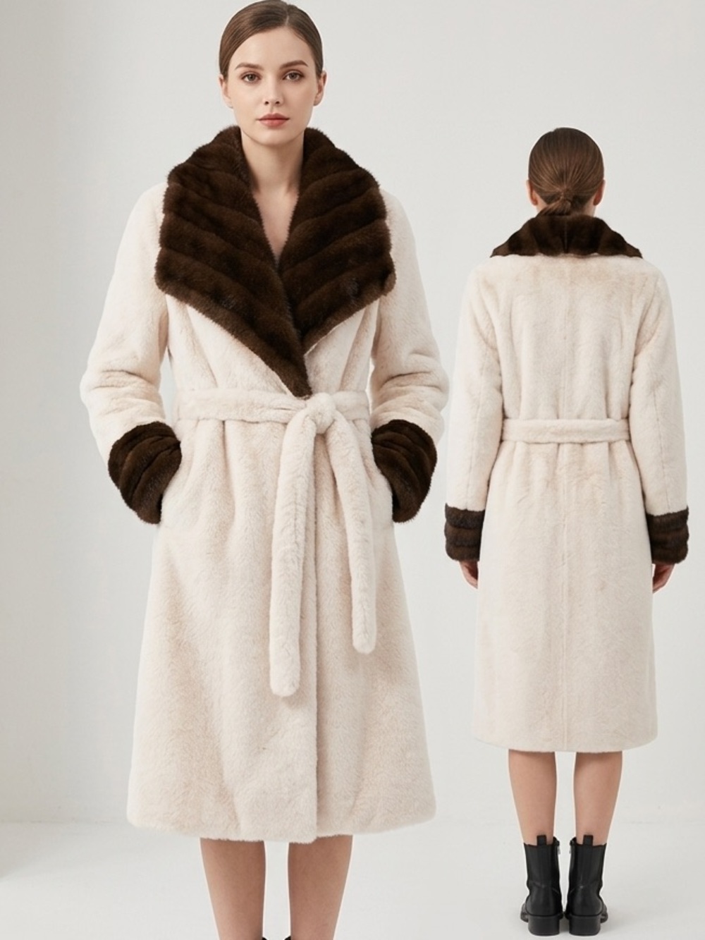 White Faux Fur Coat with Brown Accents